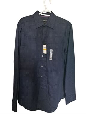 VAN HEUSEN classic fit shirt midnight blue tiny pink polka dots wrinkle free Med